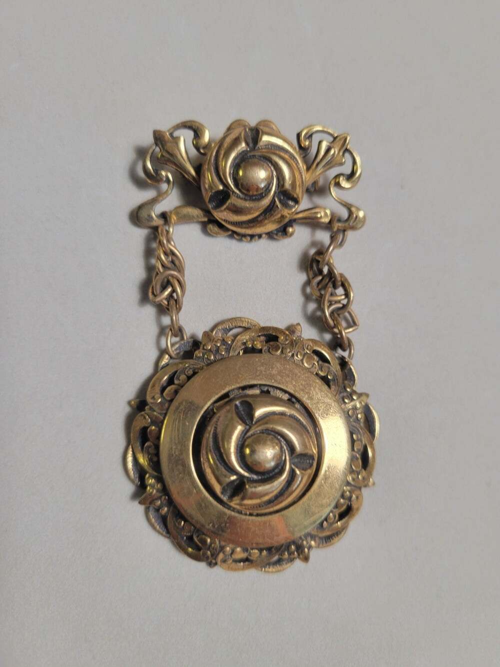 Ornate Dangle Brooche Goldtone Metal large victorian revival retro